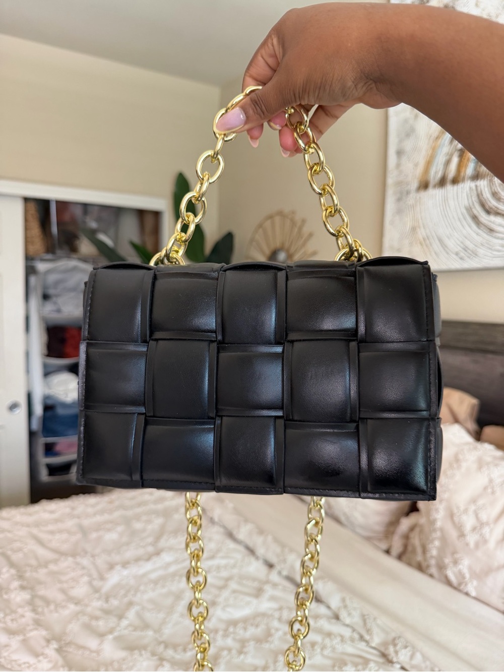 Woven Black Leather Chain Shoulder Bag